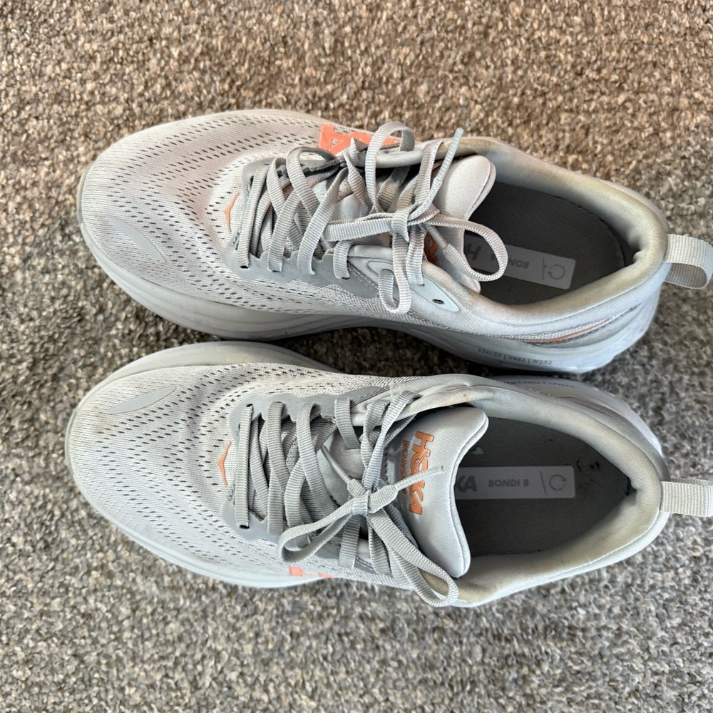 Hoka Light Gray and Orange Athletic Shoes - Picture 2 of 5